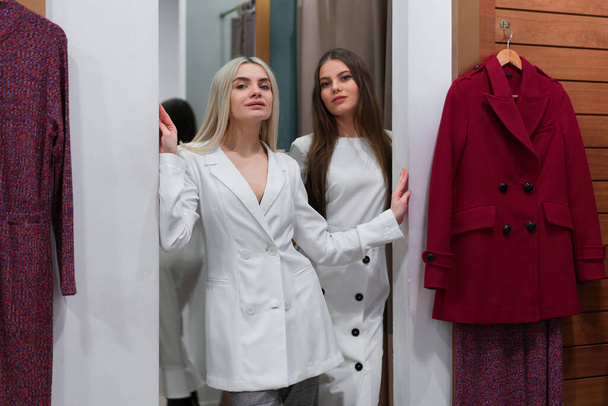 Two women in fashion boutique choose dress A professional stylist helps customers choose clothes. Season holiday shopping discounts sale two caucasian girlfriends walk shopping mall dressing room - Zdjęcie, obraz