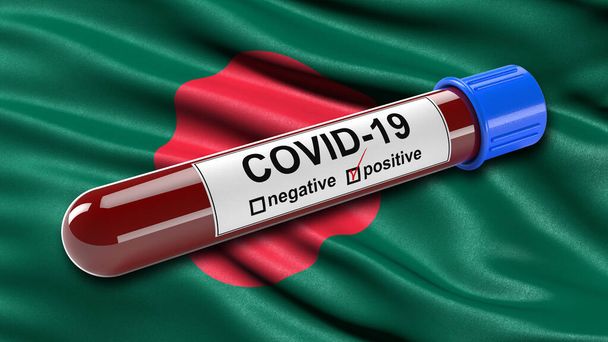 Bangladéšská vlajka mávající ve větru pozitivní zkumavkou Covid-19. 3D ilustrační koncept pro krevní testy pro diagnózu nového viru Corona. - Fotografie, Obrázek