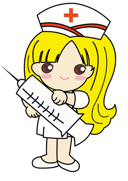 Cartoon-Figur der Krankenschwester hält eine große Spritze mit Nadel bereit für die Injektion des Patienten. Krankenschwester mit weißem Hut und gelbem Haar. Bekämpfung des Coronavirus COVID-19-Konzept fröhliche Mitarbeiter. - Foto, Bild