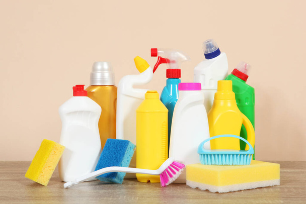 set of cleaning products on the table on a colored background. - Photo, Image