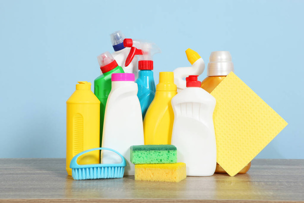 set of cleaning products on the table on a colored background. - Zdjęcie, obraz