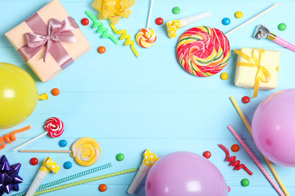 Flatlay composition with accessories for a party or birthday on a colored background with place for text top view. - Fotó, kép