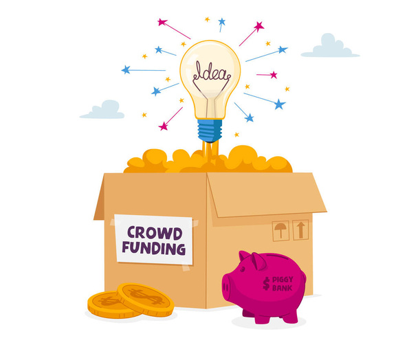 Χάρτινο κουτί για δωρεά Crowdfunding με Λαμπτήρα Λάμψης, Piggy Bank και Pile των χρυσών νομισμάτων γύρω. Οικονομική Υποστήριξη του έργου Creative Start Up, Επενδύσεις. Εικονογράφηση διάνυσμα κινουμένων σχεδίων - Διάνυσμα, εικόνα