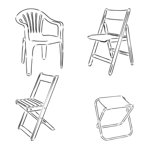 Set of folding chairs on a white background isolation. Vector illustration in a sketch style. - Vector, Image