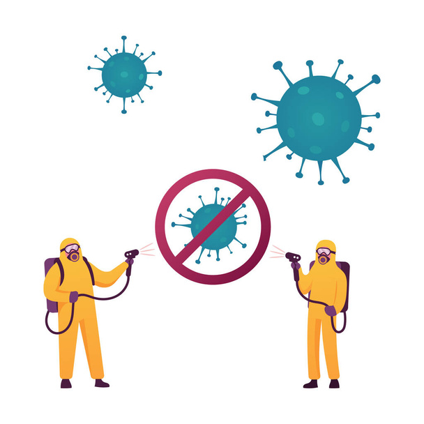 Coronavirus Szennyező Terem Fertőtlenítés. Apró emberi karakter viselése védő vegyvédelmi ruha permetezés antibakteriális folyadék hatalmas Covid19 sejtek véletlenszerűen repül a levegőben. Rajzfilm vektor illusztráció - Vektor, kép