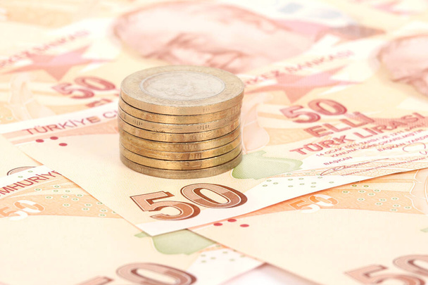 Banknoty i monety z lirów tureckich - Zdjęcie, obraz