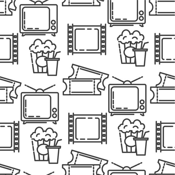 Cinema going hobby seamless pattern. Colorless filmstrip and tv set with antenna, tickets and snacks. Pop corn and soft drink for watching movies. Cinematography industry, vector in flat style - Vector, Image