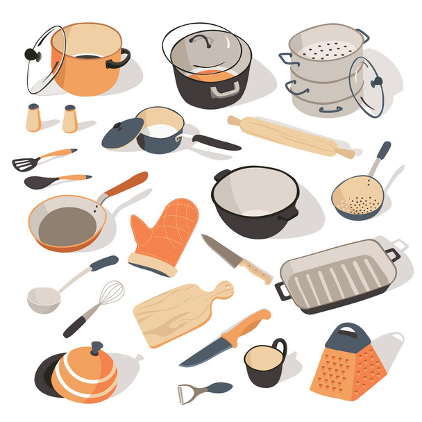 Kitchenware and tableware set, collection of objects for kitchen. Saucepan and pan, spatula and spoon, grill and cutting board with knife. Dishware for cooking and food preparation, vector in flat - Вектор, зображення