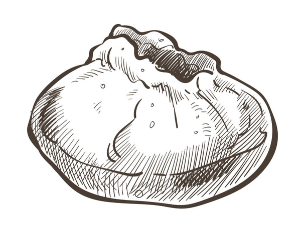 Khinkali prepared food, monochrome sketch outline of manti or ravioli. Chinese dumpling, dough with stuffed meat or vegetables. European or asian cuisine dishes, restaurant menu vector in flat - Vektor, kép