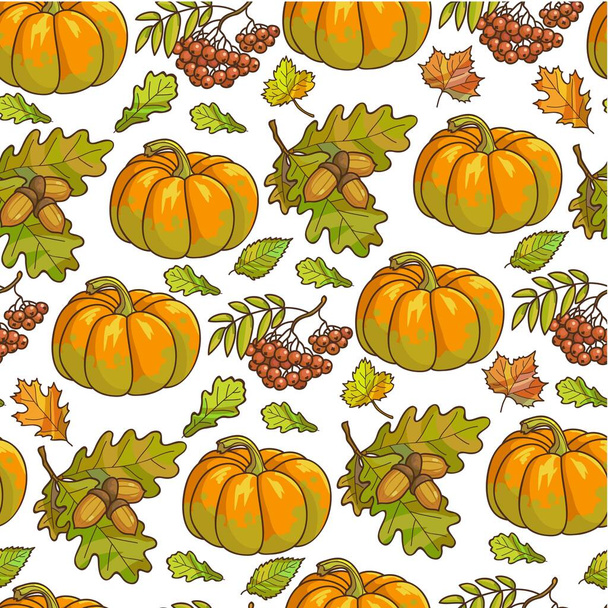Autumn vegetables, berries and foliage seamless pattern. Organic pumpkin and branch of rowanberries, leaves of maple and oak trees. Leafage and acorns, autumnal harvesting vector in flat style - Vector, imagen