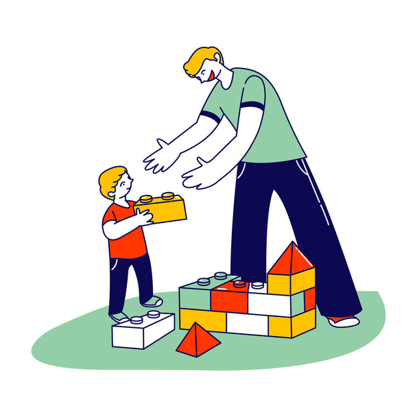 Young Man and Little Boy with Autism Syndrome Building Tower of Constructor Blocks. Father with Son or Teacher with Student Characters Spend Time Together with Fun. Linear People Vector Illustration - Vector, Image
