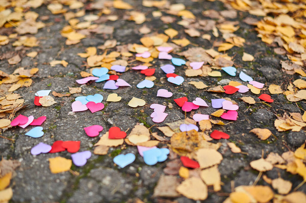 Καρδιές στο δρόμο με φθινοπωρινά φύλλα. Αγάπη, φιλία ή πολυγαμία. Όλα τα μέλη της οικογένειας μαζί. - Φωτογραφία, εικόνα