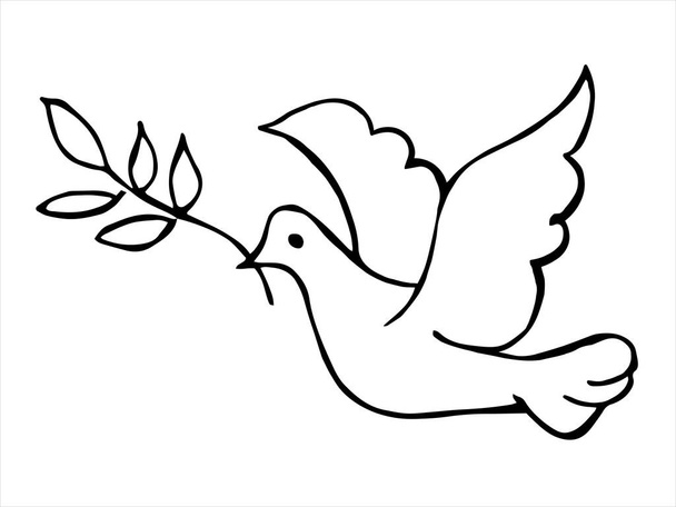 Силует голуба миру з гілочкою оливкового дерева, контур білого кольору ізольований на синьому фоні, декоративна листівка з птахом миру. Векторна ілюстрація, намальована рукою. розмальовка, Біблія
 - Вектор, зображення
