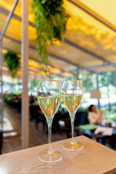 Two glasses of white wine on summer terrace bokeh leaf sunlight - Foto, immagini