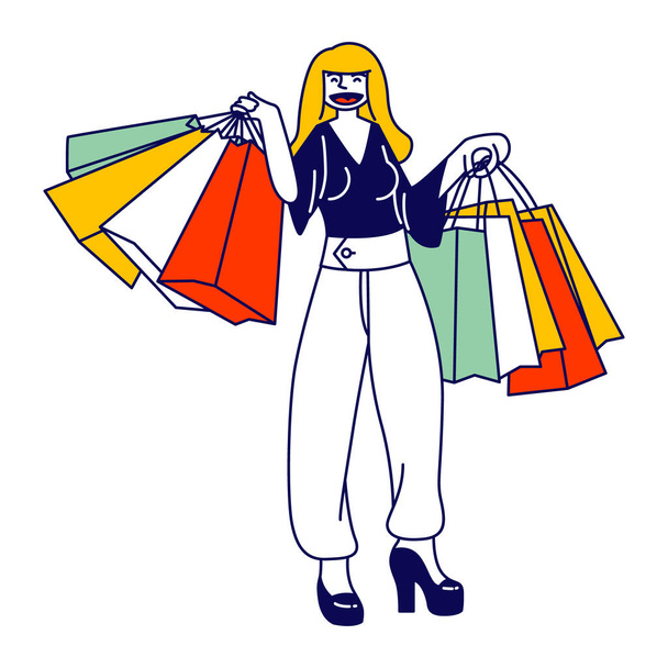 Jeune femme Shopaholic Character Stand avec de nombreux sacs à provisions colorés dans les mains. Fille Shopper avec mauvaise habitude ou dépendance faisant beaucoup d'achats inutiles dans le centre commercial ou magasin. Illustration vectorielle linéaire
 - Vecteur, image