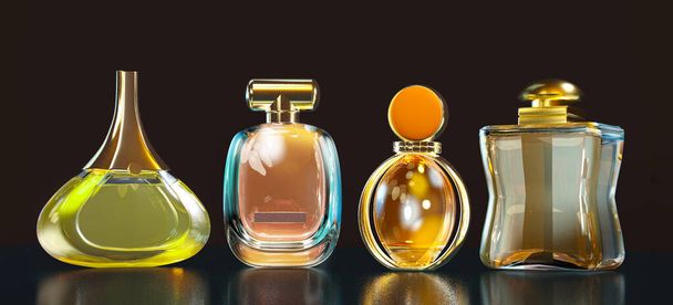 3d illustratie parfum fles blijft op glazen tafel met kopieerruimte op zwarte achtergrond - Foto, afbeelding
