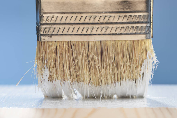 Horizontal shot of paint brush close-up. Painting the floor with white paint. - Photo, Image