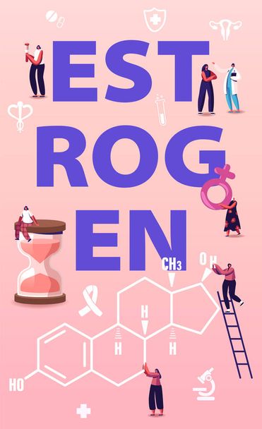 Hormones Health Concept. Tiny Female Characters Patients and Doctor front of Huge Estrogen Formula. Diagnostics and Treatment. Girl on Hourglass Poster Banner Flyer. Cartoon People Vector Illustration - Vector, Image