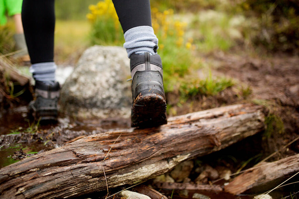 Behind portrait of hiker walking on log outdoors - Photo, Image