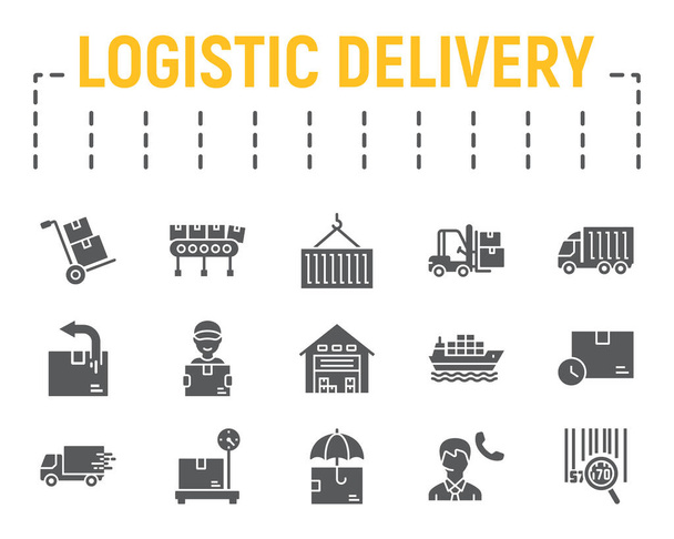 Logistics shipping glyph icon set, delivery symbols collection, vector sketches, logo illustrations, logistic delivery icons, shipping signs solid pictograms package isolated on white background. - Vector, Image