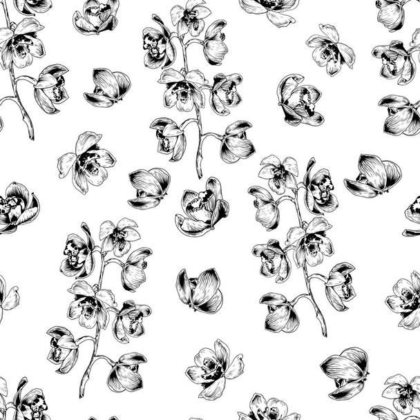 Seamless tropical pattern with black and white orchid flowers. - Vector, imagen