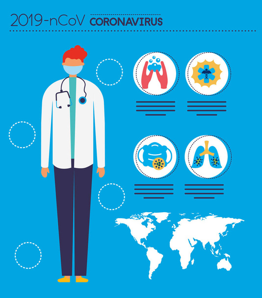 covid19 pandemic infographics with doctor - Vector, Image