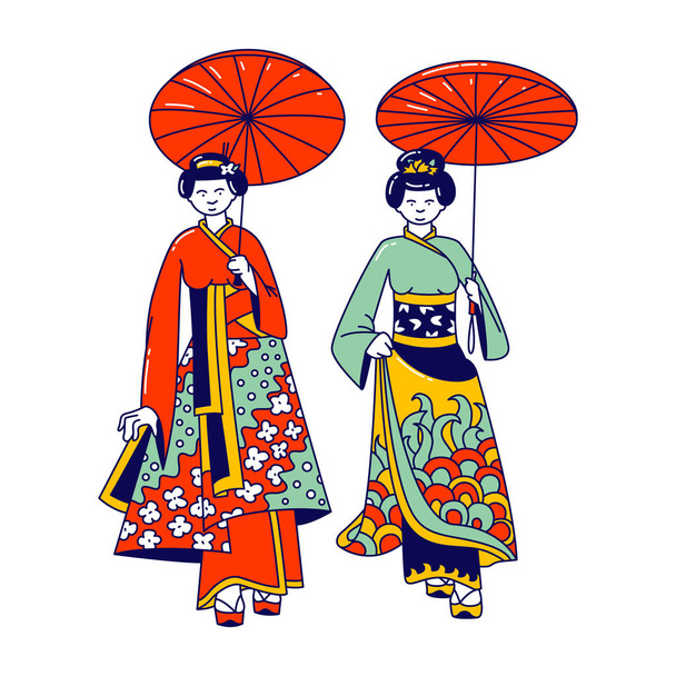 Gejša ženy izolované na bílém pozadí. Ženské postavy v tradičních japonských šatech, účes, make-up a deštník procházky spolu, Asian Kimono Fashion. Vektorový obrázek lineárních osob - Vektor, obrázek
