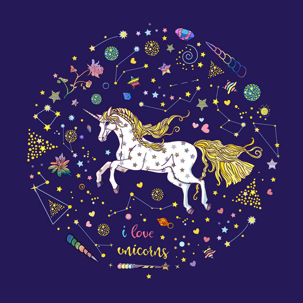 Cute running magic unicorn with constellations, stars, crystals, hearts and lettering isolated on blue - Vektor, obrázek
