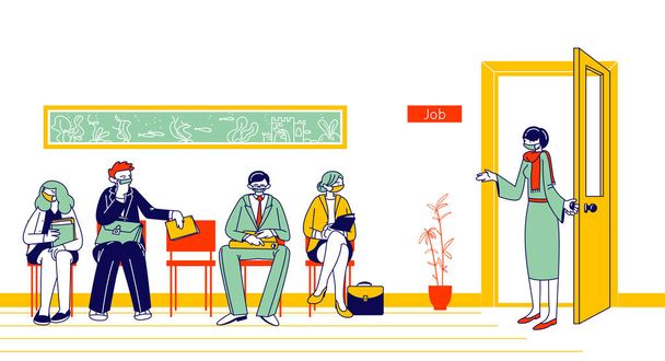 People in Medical Masks Waiting Job Interview Sitting in Office Lobby. Applicants Characters with Cv Hiring Work at Covid 19 Pandemic. Hr Agent Invite Candidate to Cabinet. Linear Vector Illustration - Vector, Image