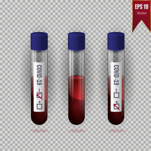 Ein Satz medizinischer Reagenzgläser mit einem Bluttest auf COVID-19. Vacutainer für Blut aus einer Vene zum Nachweis von Coronavirus. Vektoraktienisolierte Illustration auf transparentem Hintergrund. - Vektor, Bild