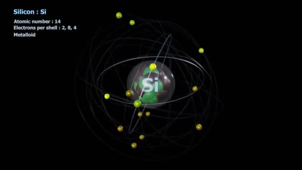 Atom krzemu z 14 elektronami w nieskończonej rotacji orbitalnej z czarnym tłem - Materiał filmowy, wideo