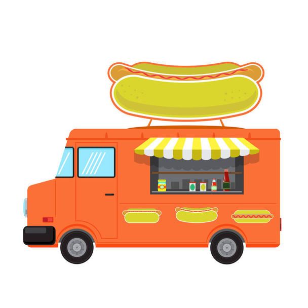 Orange Food Truck with Big Hot Dog on Top Isolated on White Background - Photo, Image