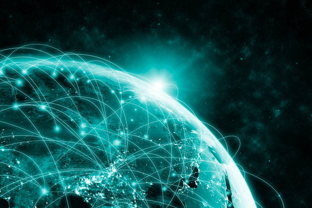 Globalna sieć nowoczesna kreatywna telekomunikacja i połączenie internetowe. Koncepcja bezprzewodowego połączenia cyfrowego 5G i internetu rzeczy przyszłości. - Zdjęcie, obraz