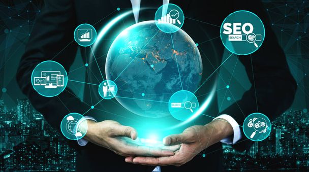 SEO -オンラインマーケティングコンセプトのための検索エンジン最適化。顧客検索を最適化し、市場戦略を分析することにより、キーワード研究ウェブサイトのプロモーションのシンボルを示す現代のグラフィックインターフェイス. - 写真・画像