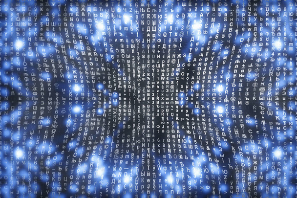 Kék mátrix digitális háttér. Absztrakt kibertér koncepció. Karakterek leesik. Mátrix szimbólumokból adatfolyamból. Virtuális valóságtervezés. Komplex algoritmus adatok szaggató köhögés. Cián digitális szikrák. - Fotó, kép