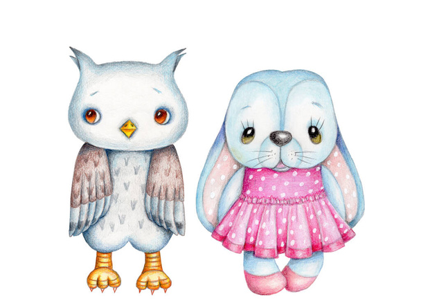 Cute carton characters bunny rabbit hare girl and pretty little owl, standing. Hand drawn watercolor illustration. isolated on white background.  - Photo, Image