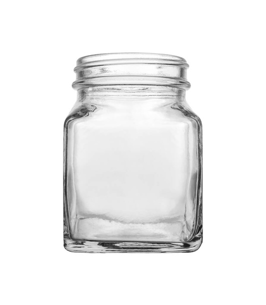 Frasco de vidro transparente vazio para enlatamento e preservação isolado em fundo branco
 - Foto, Imagem