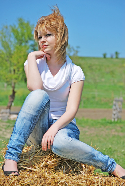 Beautiful girl on a hay bale - Fotoğraf, Görsel