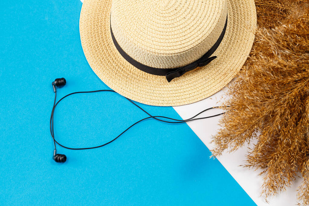 Female accessories headphones, hat, lifestyle, woman, rest, with dry grass, decor, flat lay, color style in the background. Travel, tourism concept. Beach accessories top view. - 写真・画像