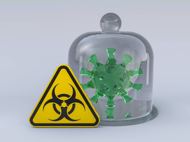 Virus COVID-19, pandemic risk alert. Biohazard sign. Warning sign of virus. 3D rendering - Foto, Bild