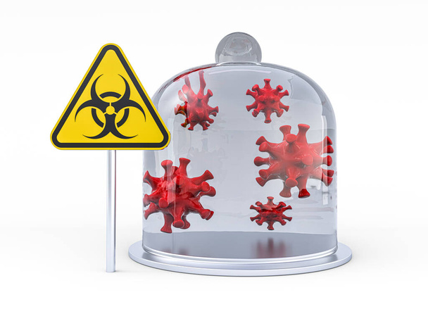 Virus COVID-19, pandemic risk alert. Biohazard sign. Warning sign of virus. 3D rendering - Foto, immagini