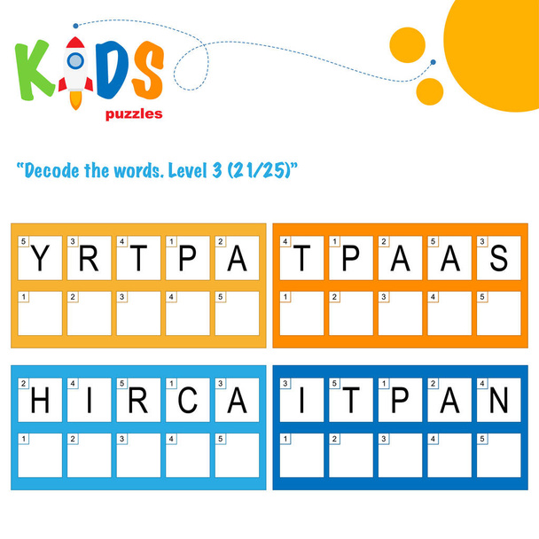 5文字の単語をデコードします。就学前、小中の子供のためのワークシートの練習。楽しいロジックパズルアクティビティシート. - ベクター画像