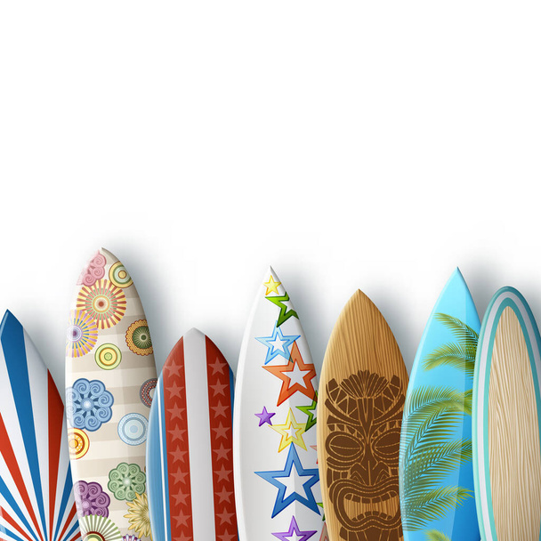 Surfboards in row, with original design, with colorful print, on the white background. EPS 10 contains transparency. - Vecteur, image