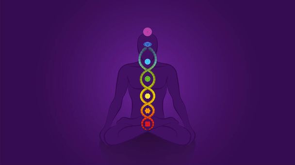 Kundalini - serpiente en espiral. Meditar al hombre yoga con chakras sobre fondo violeta, símbolo de despertar espiritual, poder y equilibrio sanador, armonía y relajación celestiales
. - Vector, imagen