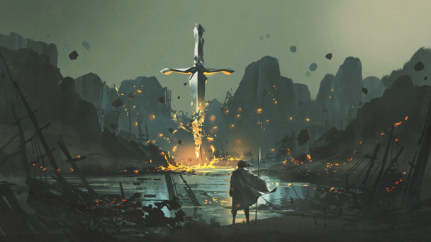 Воин, стоящий в заброшенном порту и глядя на сломанный гигантский меч, стиль цифрового искусства, иллюстрации живописи
 - Фото, изображение