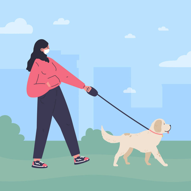 白いマスクの女性が犬を歩く - ベクター画像