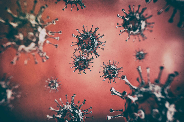 Illustrazione dell'influenza COVID-19. Cellula virale Corona al microscopio sullo sfondo del sangue
. - Foto, immagini