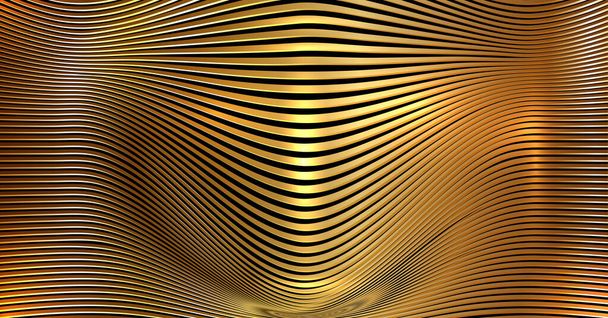 Abstraktní pozadí s kovovými vlnami. Jasně zlaté pruhované kovové pozadí. Zlatá textura s vlnitými, zakřivenými pruhy. Vektorový banner Optické umění styl ilustrace  - Vektor, obrázek