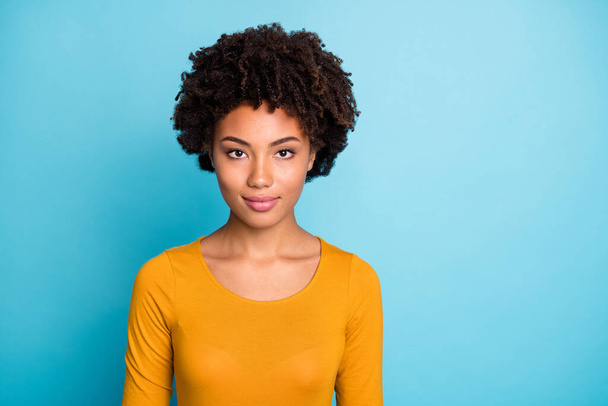 Portrait of cool charming afro american girl worker look good real professional job manager concept wear sweater isolated over blue color background - Valokuva, kuva
