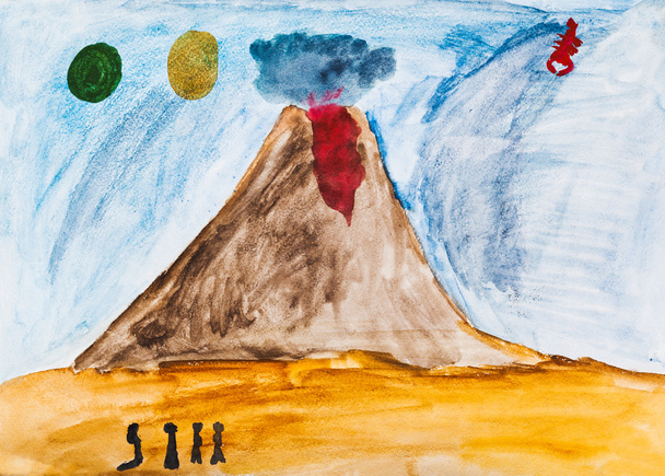 disegno di bambini - la gente vicino a vulcano attivo
 - Foto, immagini